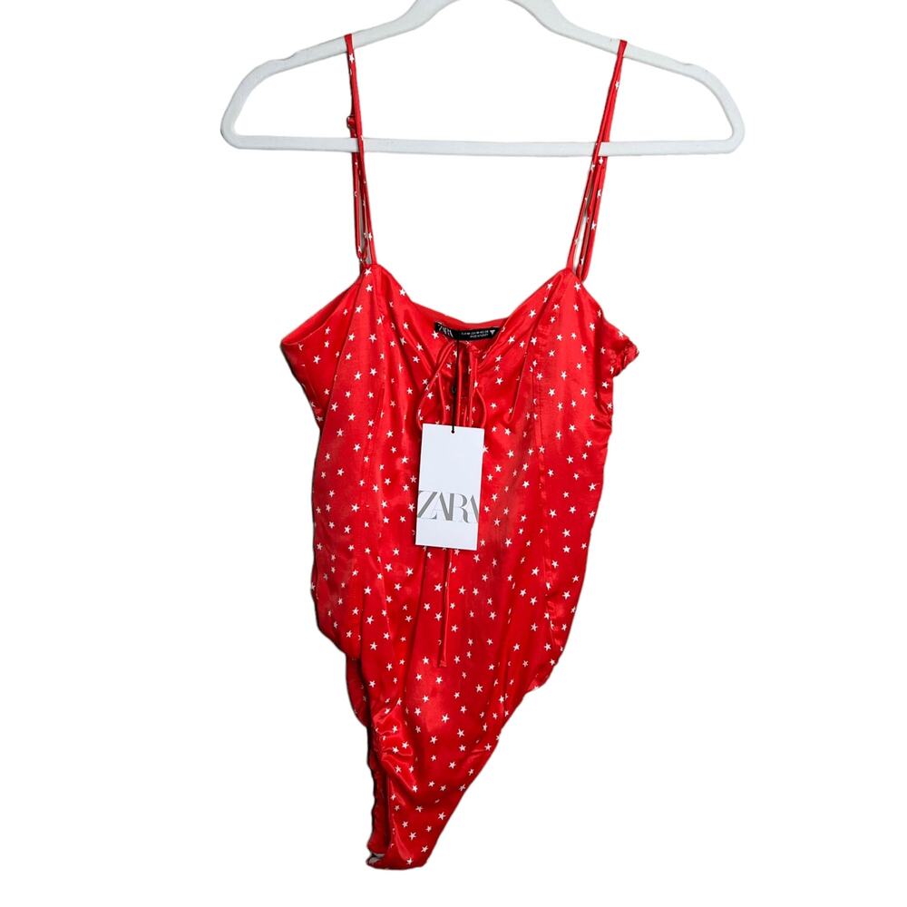 Zara Star satin Effect Lace Up Bodysuit Size Medium Red & White NWT - Picture 3 of 8